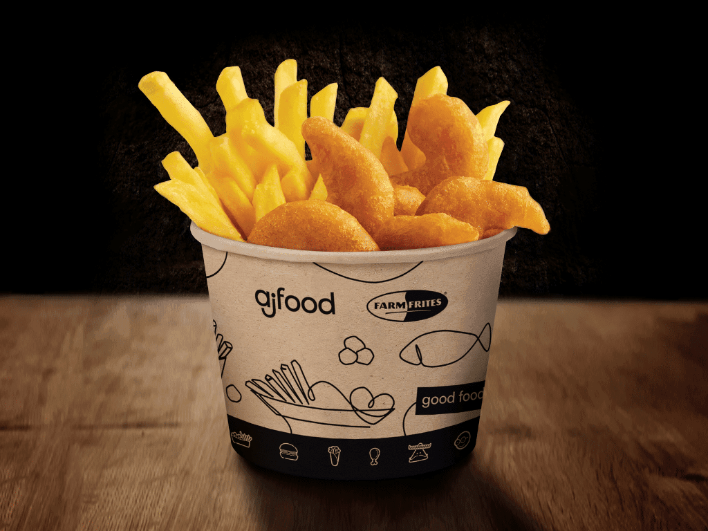 Bucket of prawns and chips